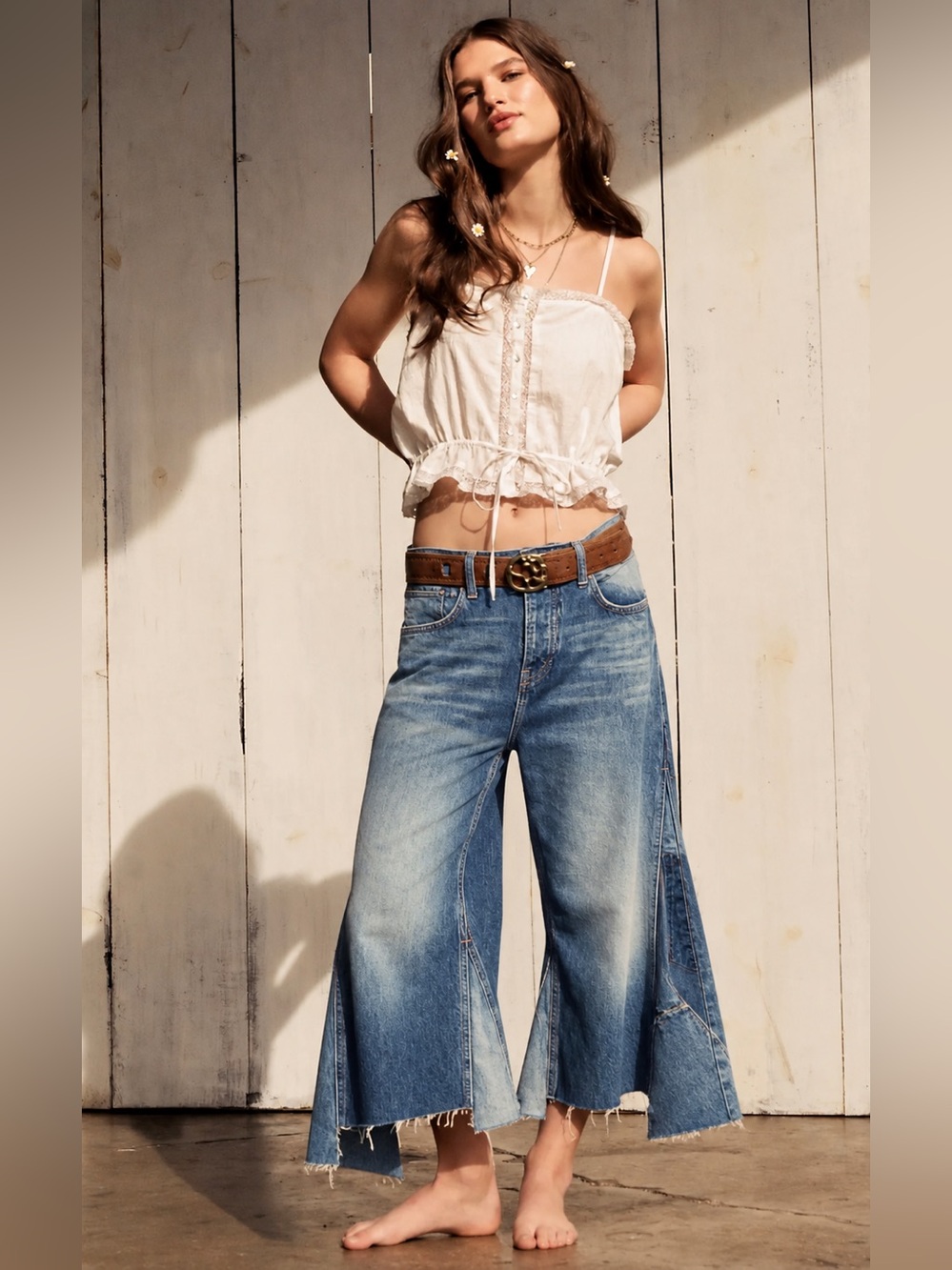 We The Free Ripple Wide-Leg Pieced Cropped Jeans High Waist Button Fly Size 29